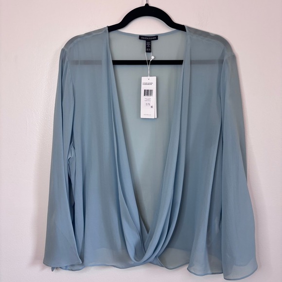 Eileen Fisher Sheer Silk Georgette Wrap Jacket XL Blue Tie Front Cardigan NEW - Picture 3 of 9